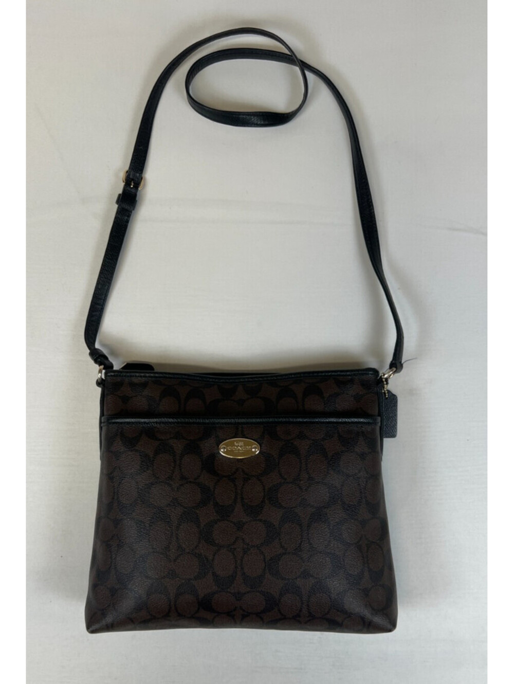 Coach Signature C Brown Black Coated Canvas Crossbody Messenger Bag Handbag